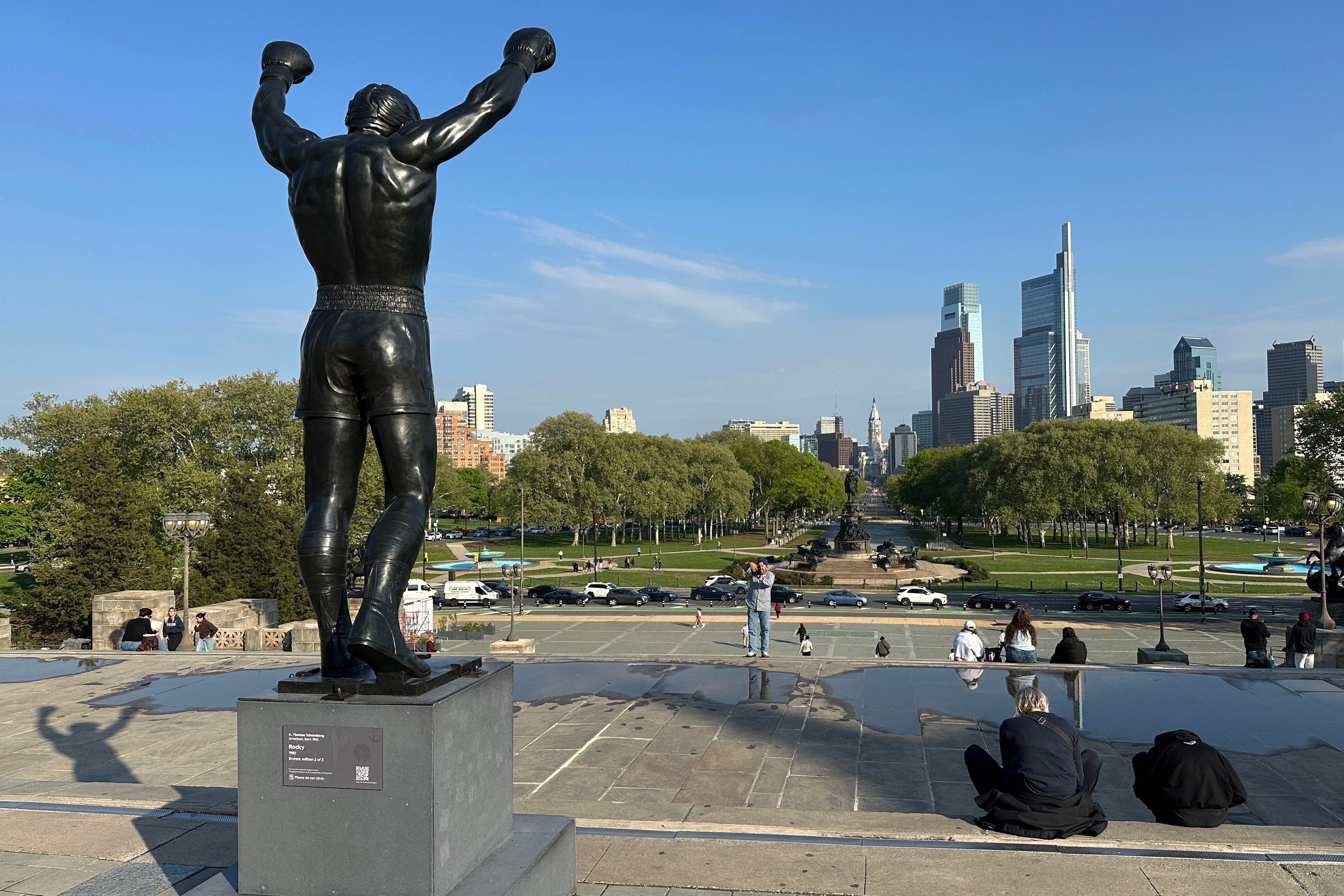 The Rocky statue overlooks the city skyline outside the Philadelphia Museum of Art in Philadelphia, Wednesday, April 22, 2026.